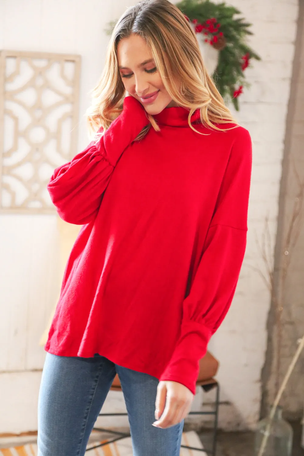 Christmas Red Brushed Hacci Pleated Turtleneck