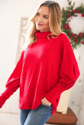 Christmas Red Brushed Hacci Pleated Turtleneck