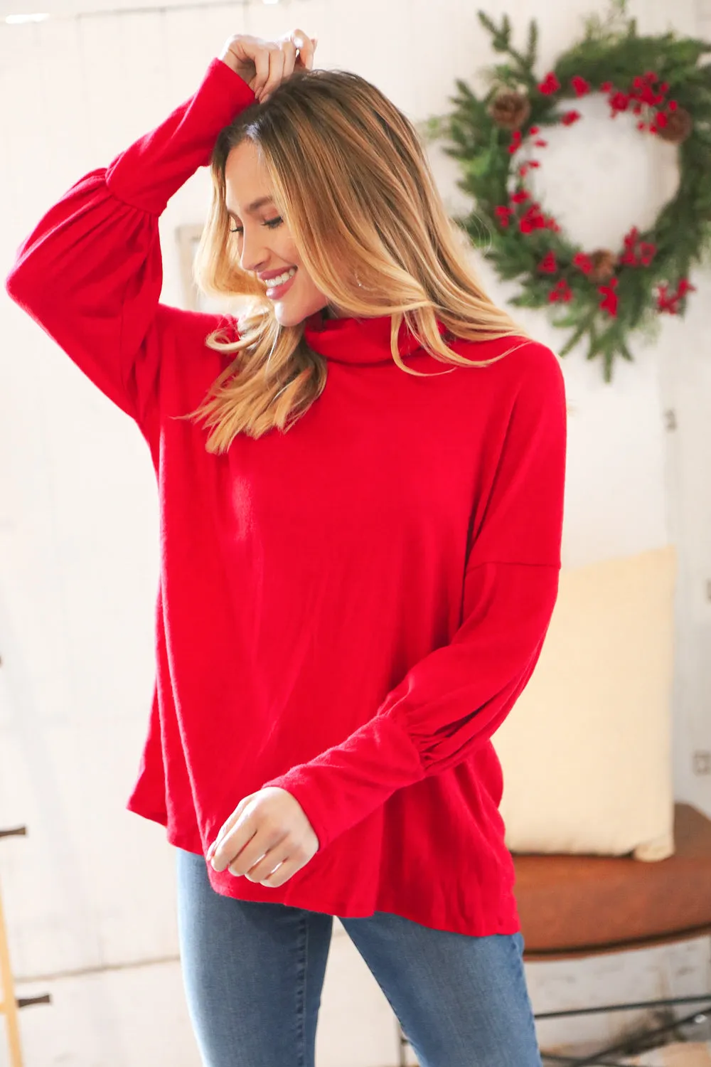 Christmas Red Brushed Hacci Pleated Turtleneck