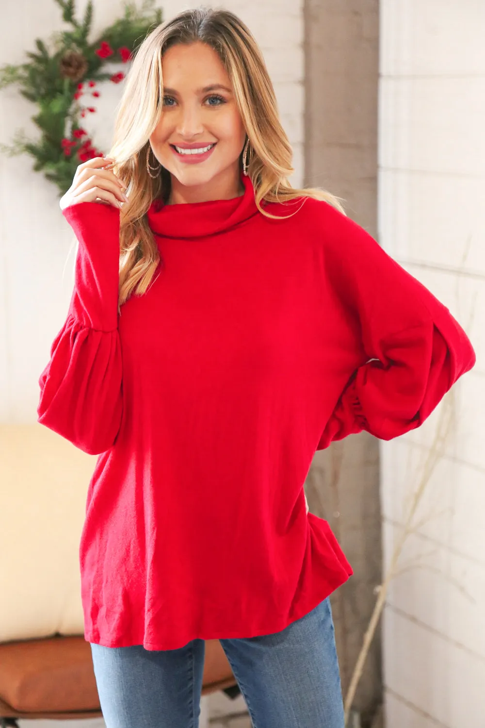Christmas Red Brushed Hacci Pleated Turtleneck