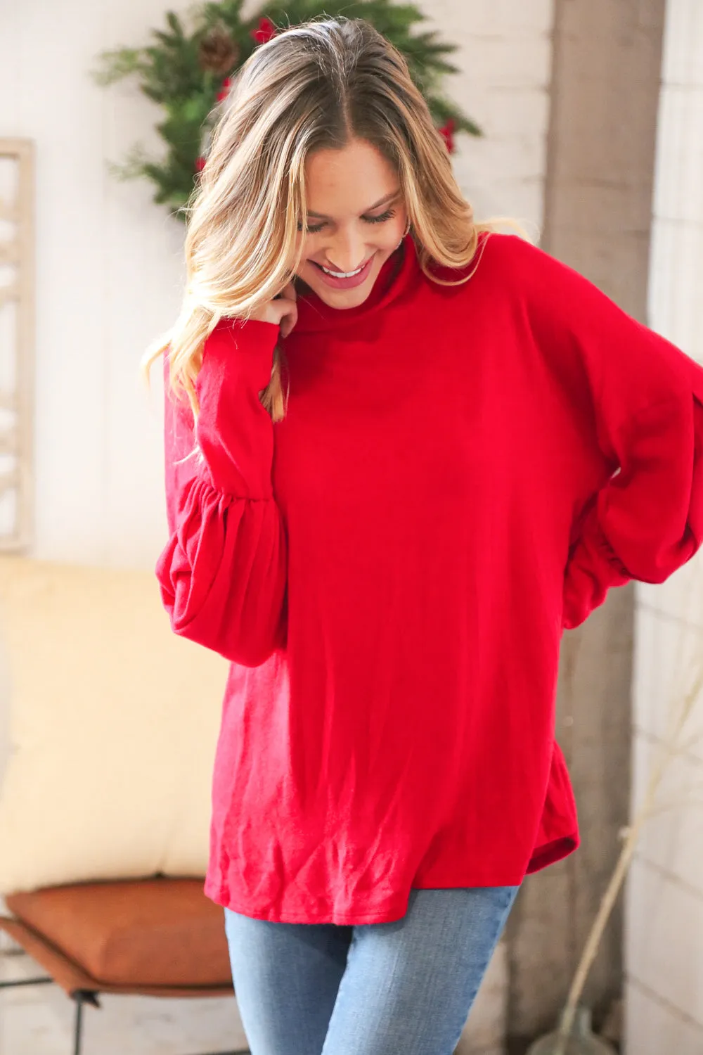 Christmas Red Brushed Hacci Pleated Turtleneck