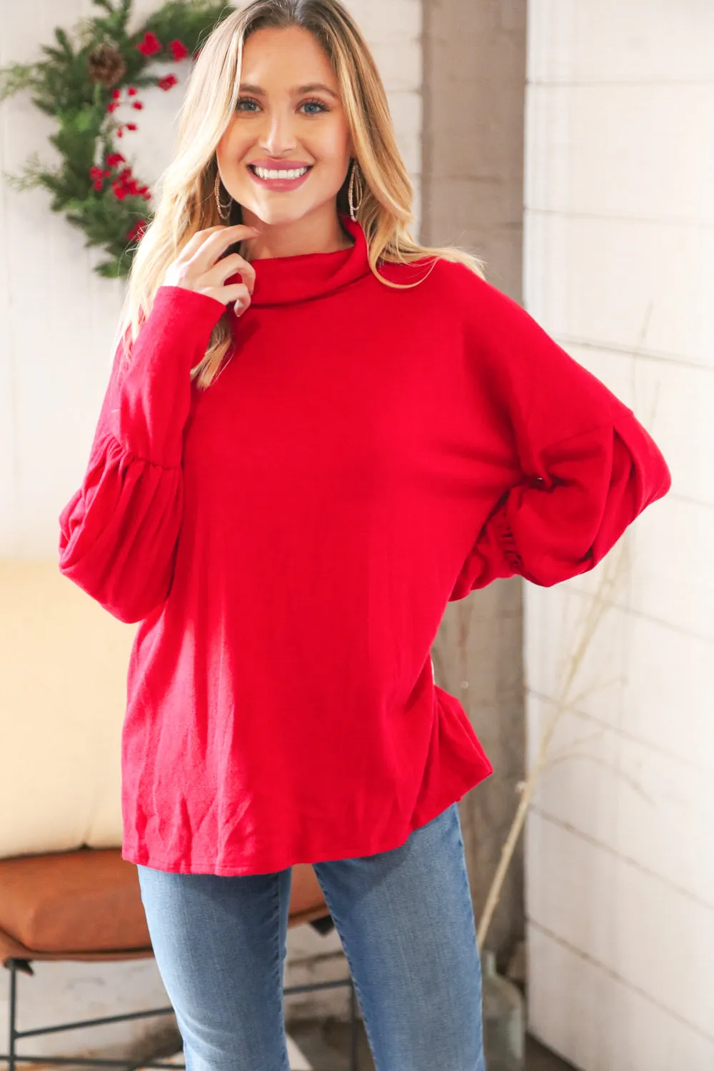 Christmas Red Brushed Hacci Pleated Turtleneck