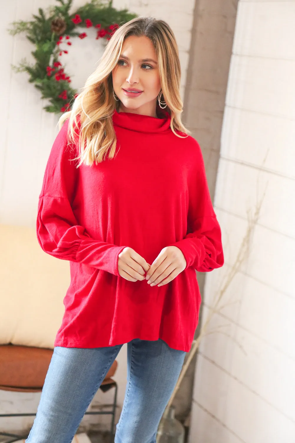Christmas Red Brushed Hacci Pleated Turtleneck