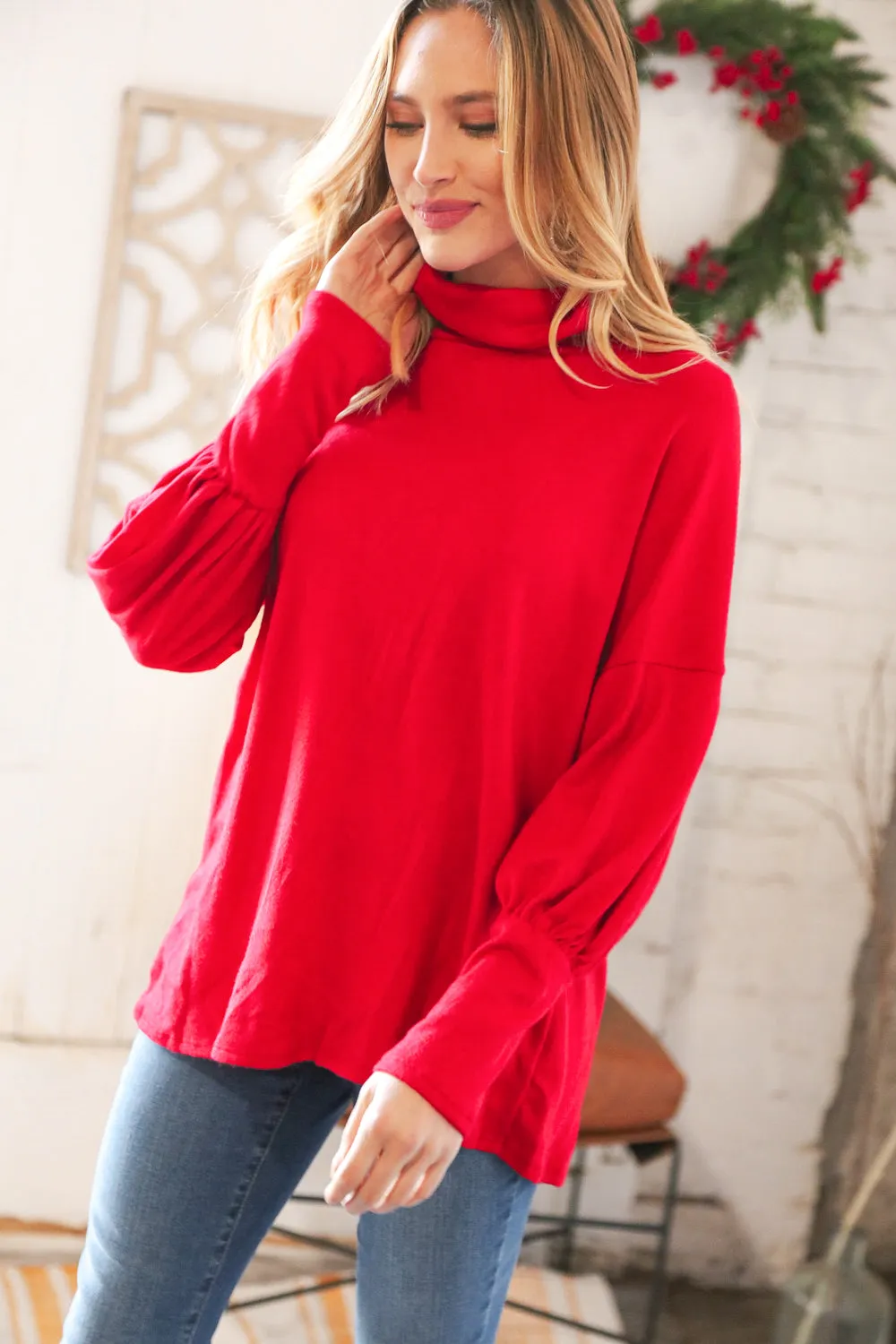 Christmas Red Brushed Hacci Pleated Turtleneck