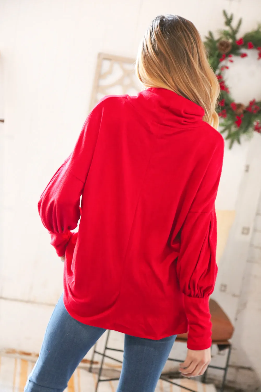 Christmas Red Brushed Hacci Pleated Turtleneck
