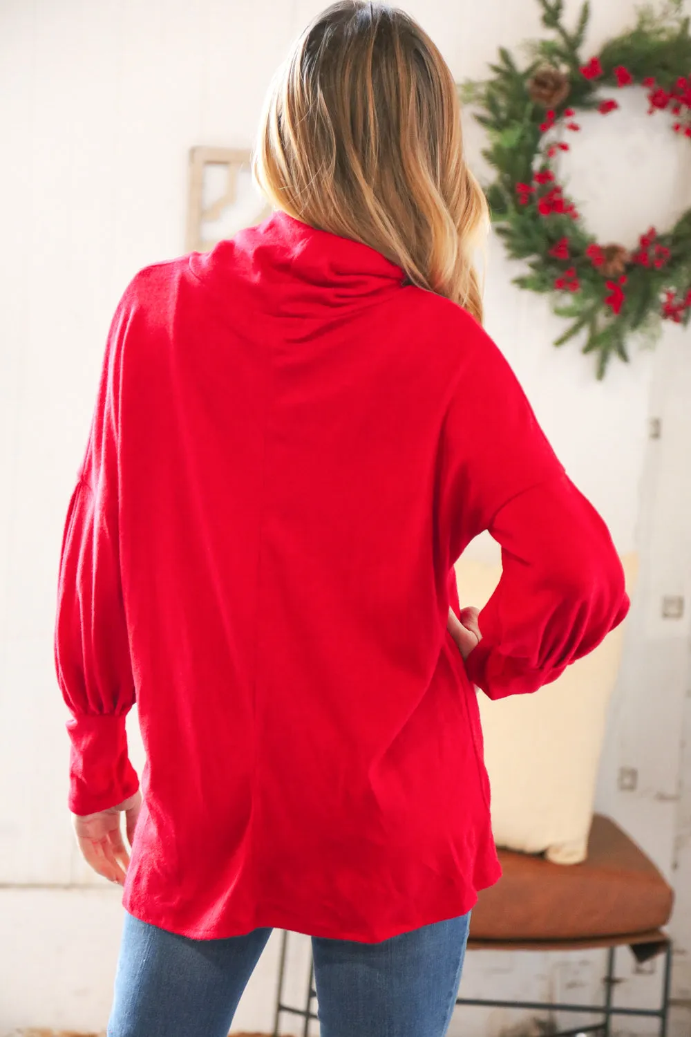 Christmas Red Brushed Hacci Pleated Turtleneck