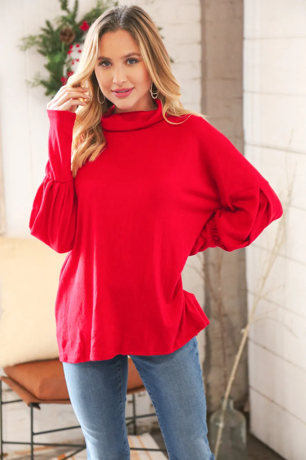 Christmas Red Brushed Hacci Pleated Turtleneck