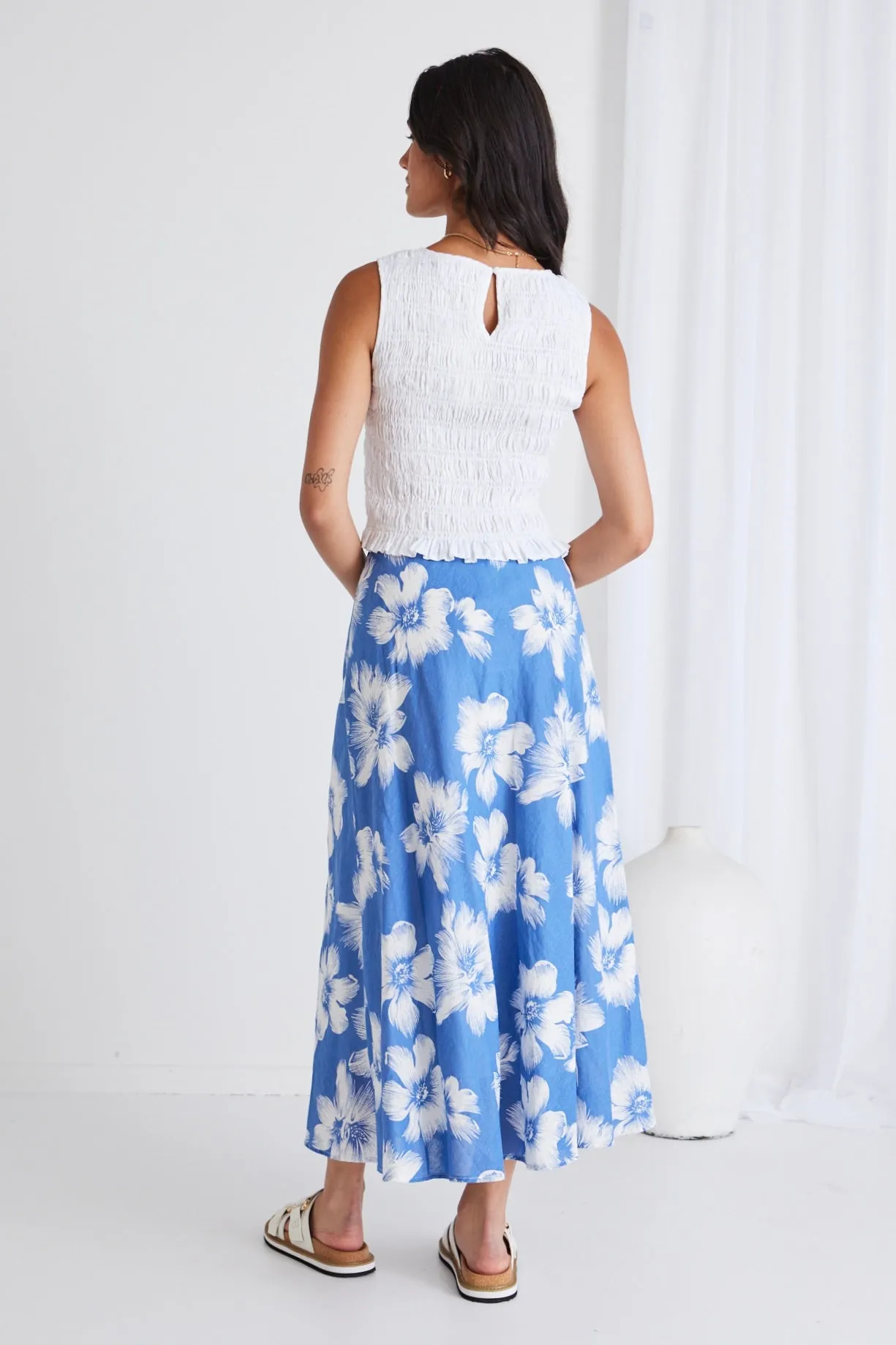 Haven Hibiscus Linen Floaty Bias Cut Maxi Skirt