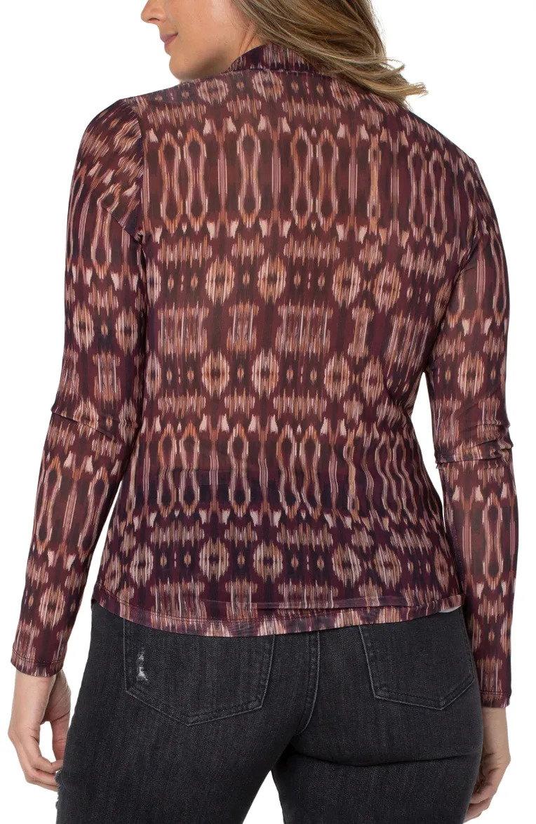Long Sleeve Print Mesh Button Front Knit