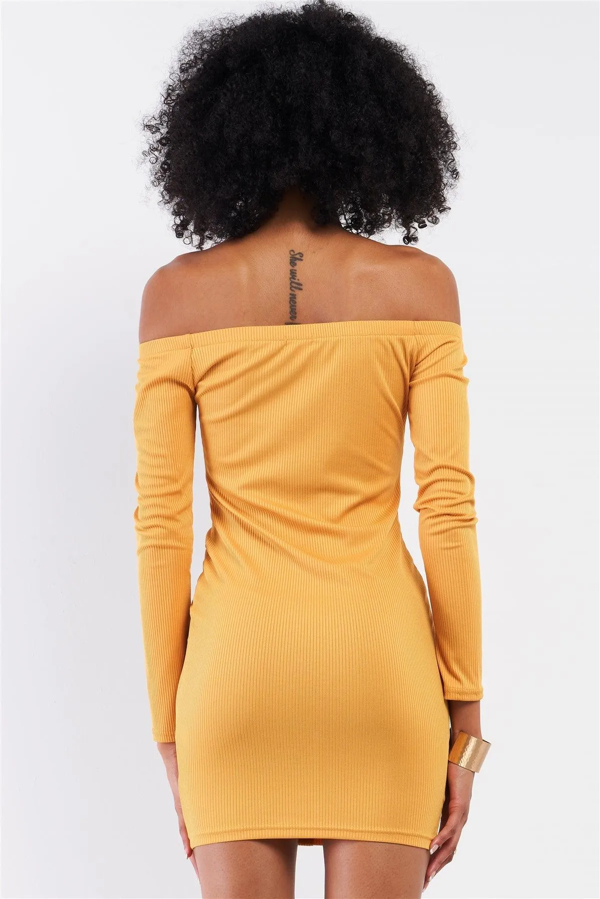 Mustard Ribbed Off-The-Shoulder Button Down Bodycon Mini Dress /2-2-2