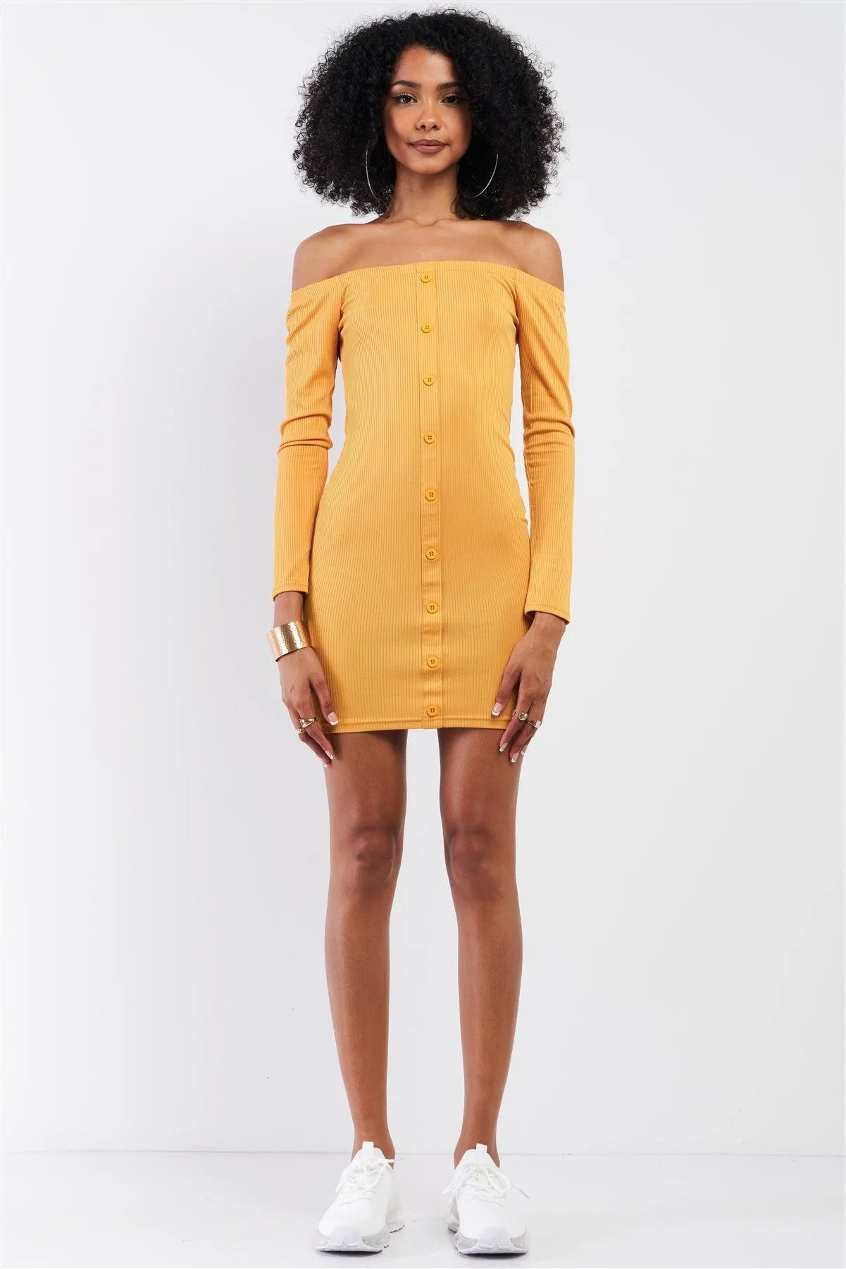 Mustard Ribbed Off-The-Shoulder Button Down Bodycon Mini Dress /2-2-2