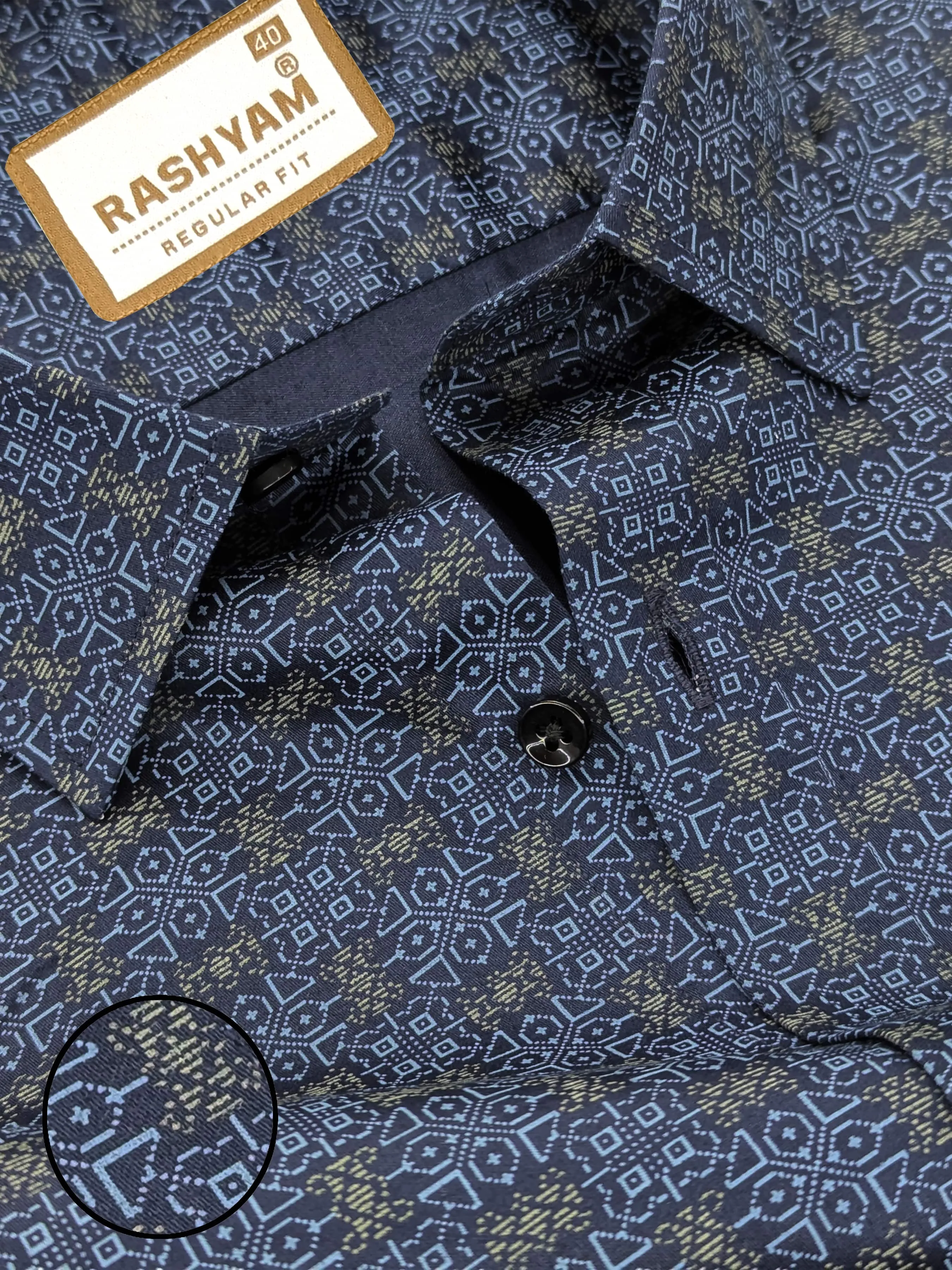 Pacentro Designer Print On Navy Blue Formal Giza Cotton Shirt