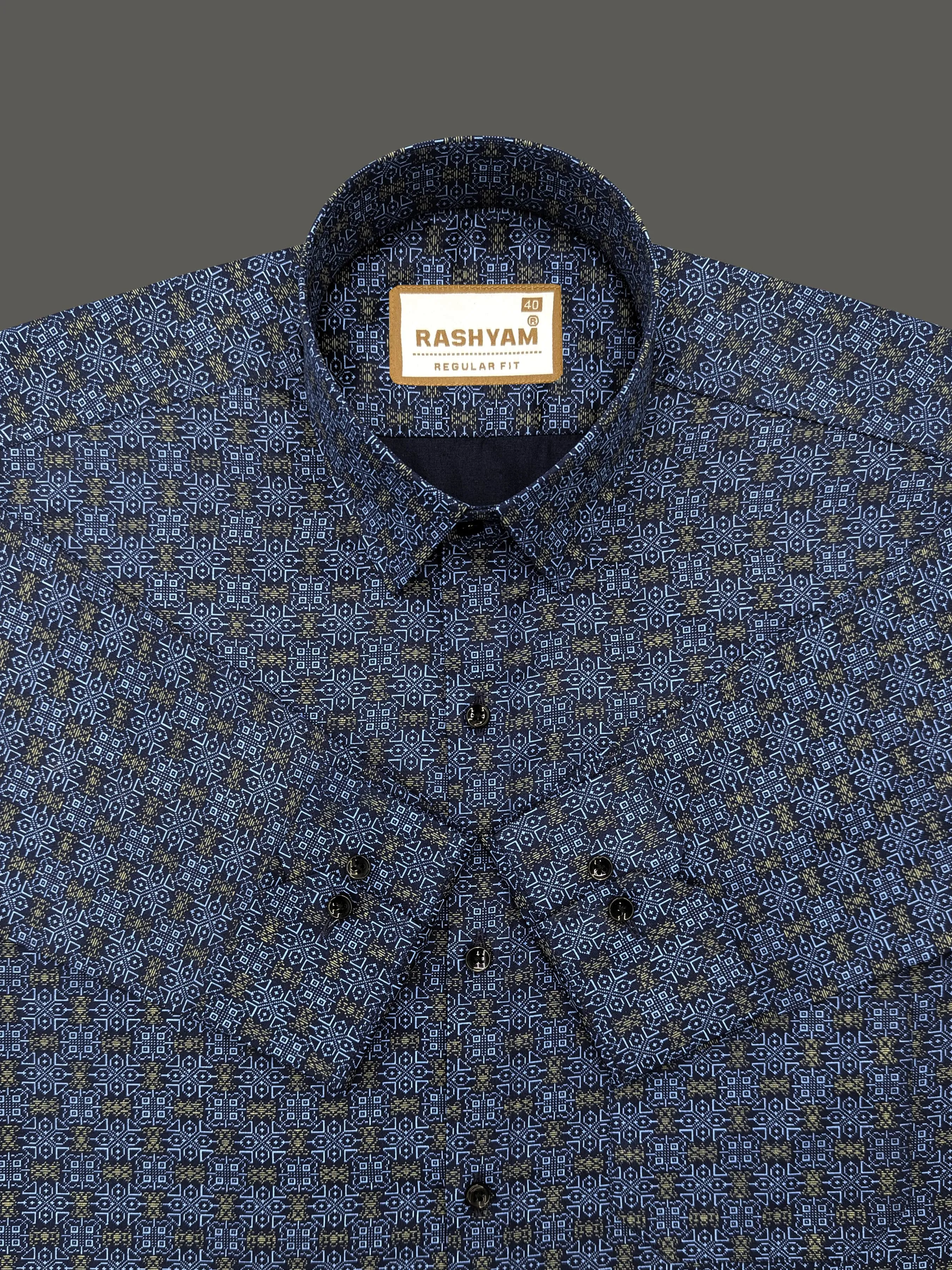 Pacentro Designer Print On Navy Blue Formal Giza Cotton Shirt