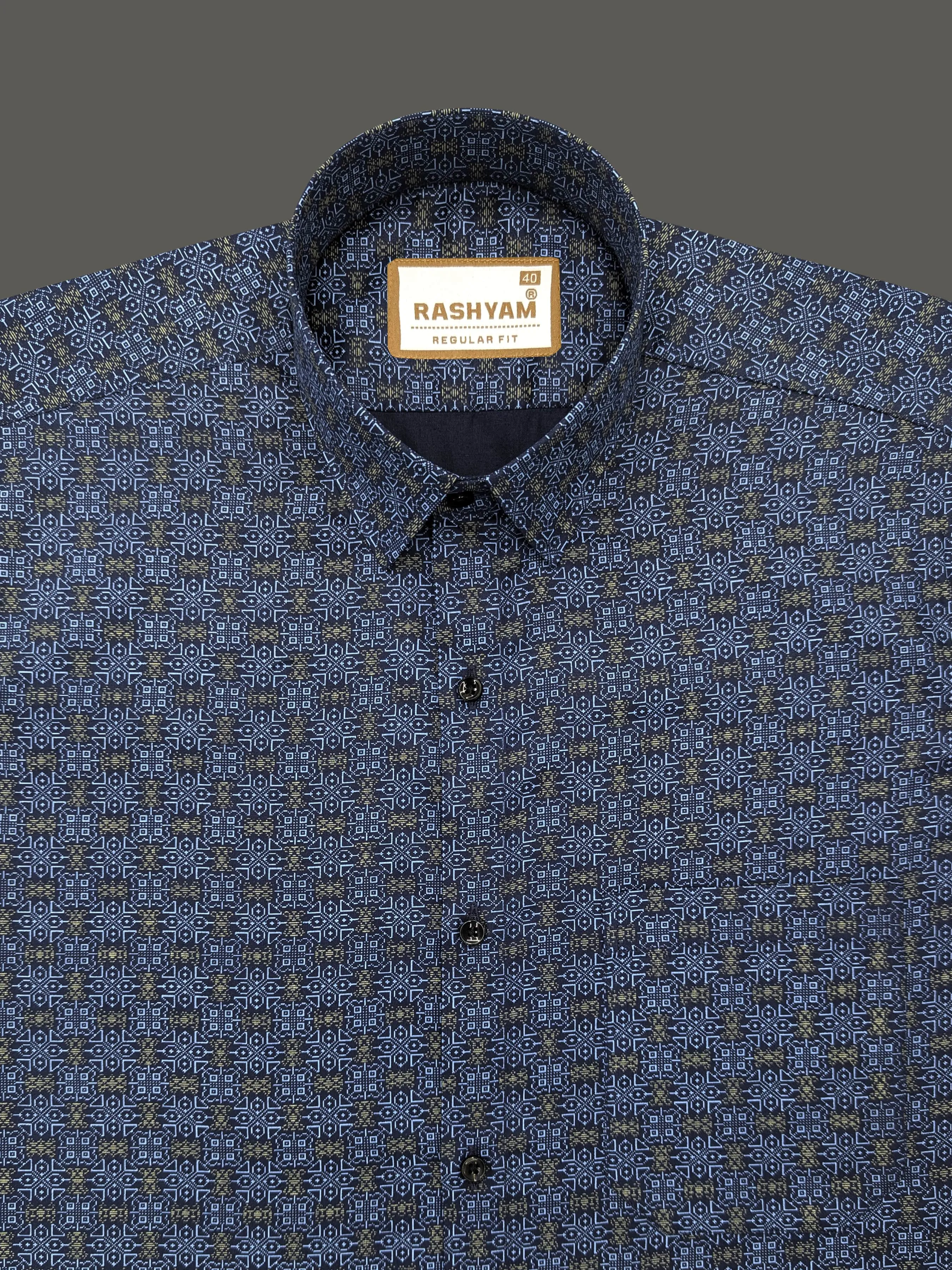 Pacentro Designer Print On Navy Blue Formal Giza Cotton Shirt