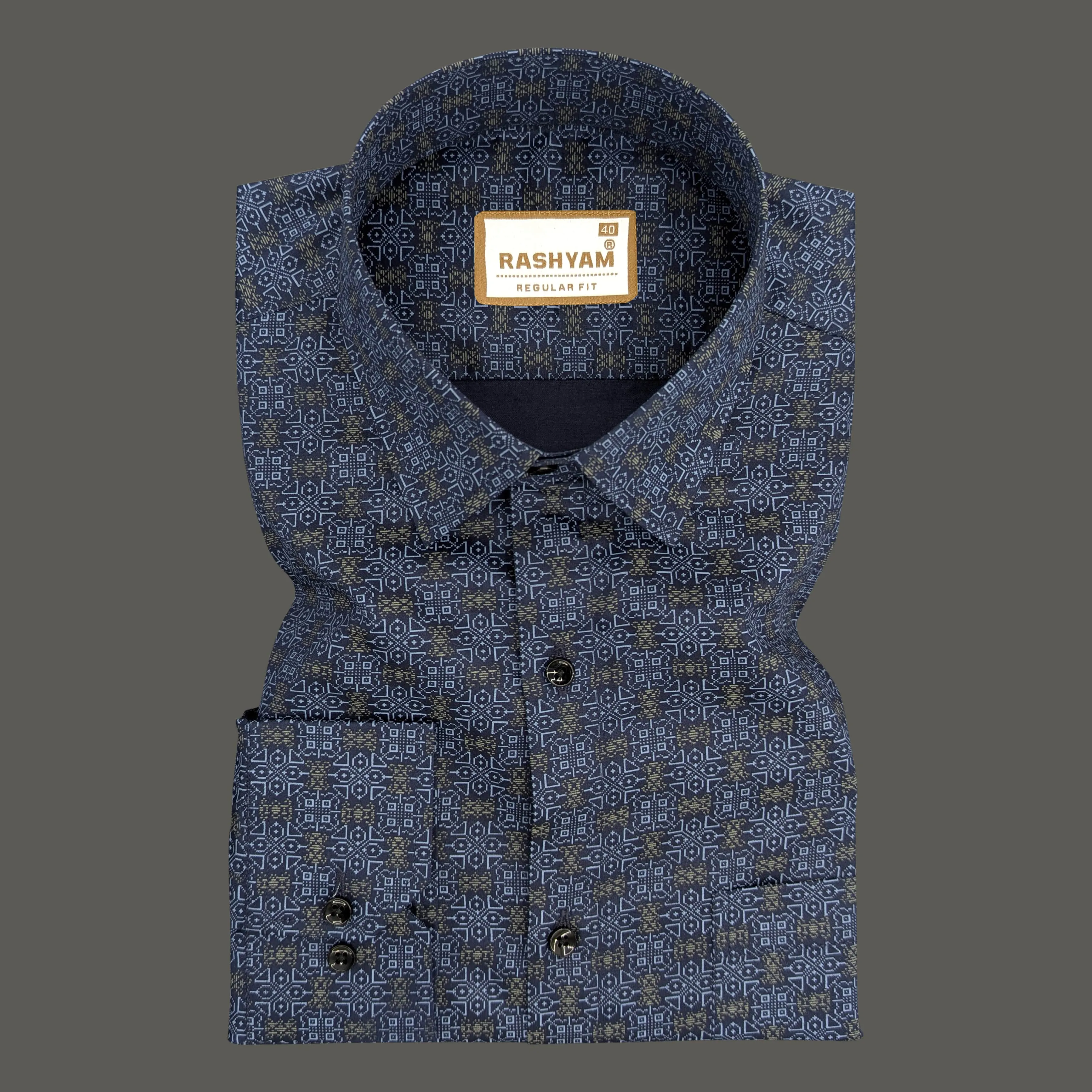 Pacentro Designer Print On Navy Blue Formal Giza Cotton Shirt