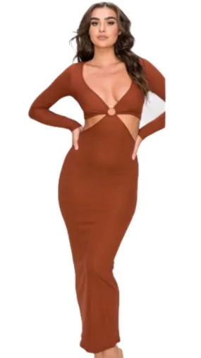 "She's not shy Rust Ribbed Bodycon Midi Dress'