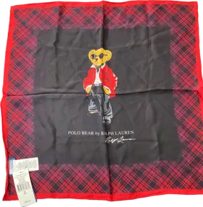Ralph Lauren Red Plaid Holiday Bear 100% Silk Scarf