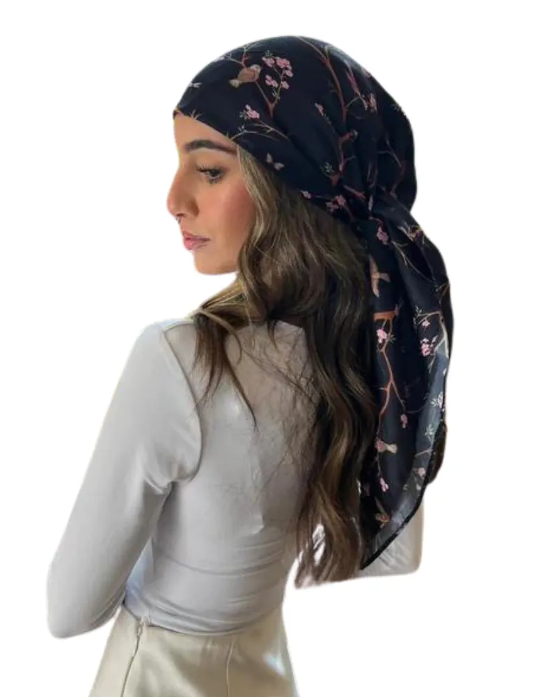Scarf Bar Black Bird Floral Square Scarf