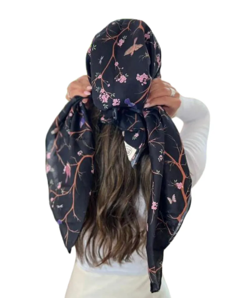 Scarf Bar Black Bird Floral Square Scarf