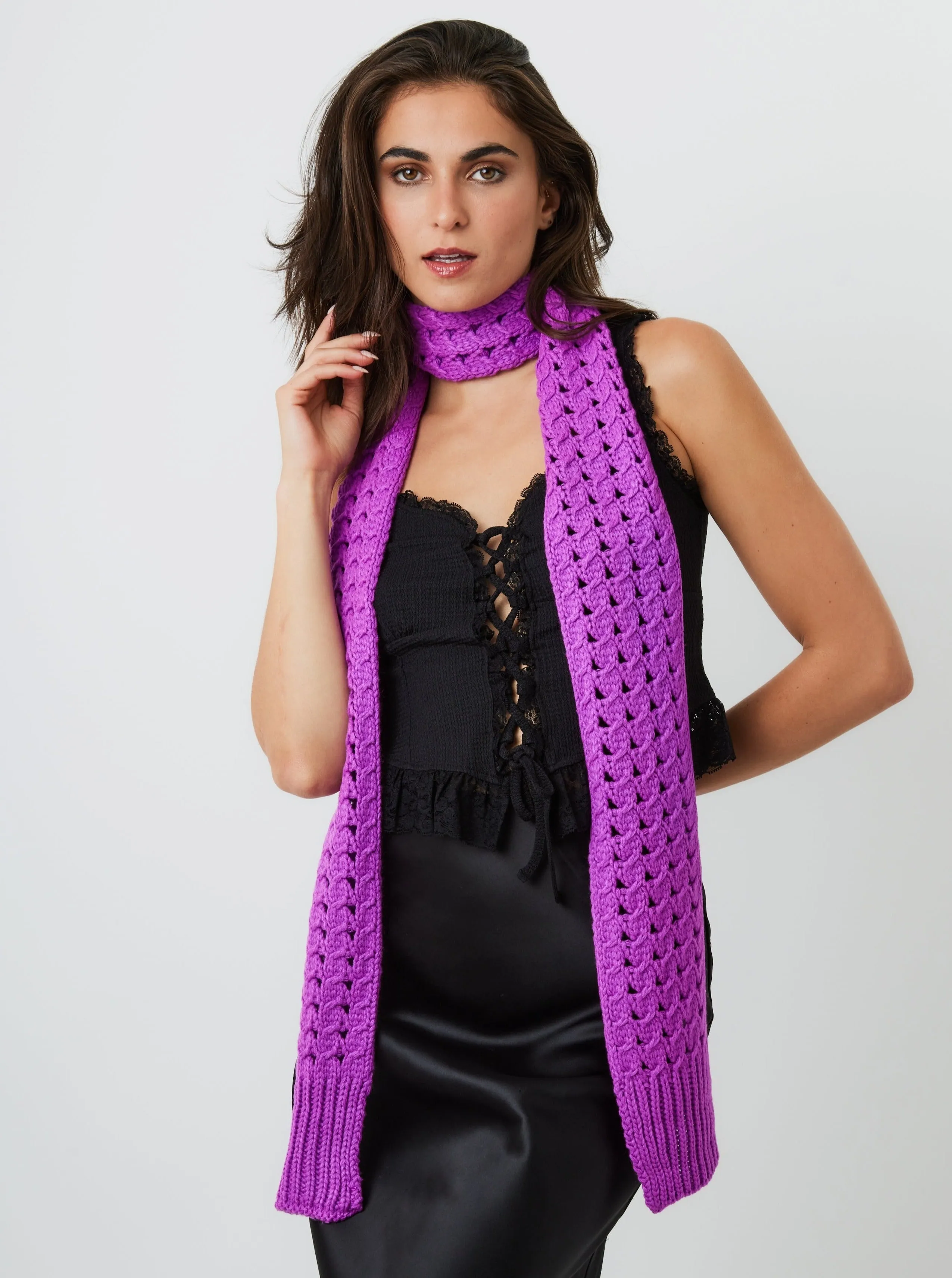 Skinny Crochet Knit Scarf in Purple