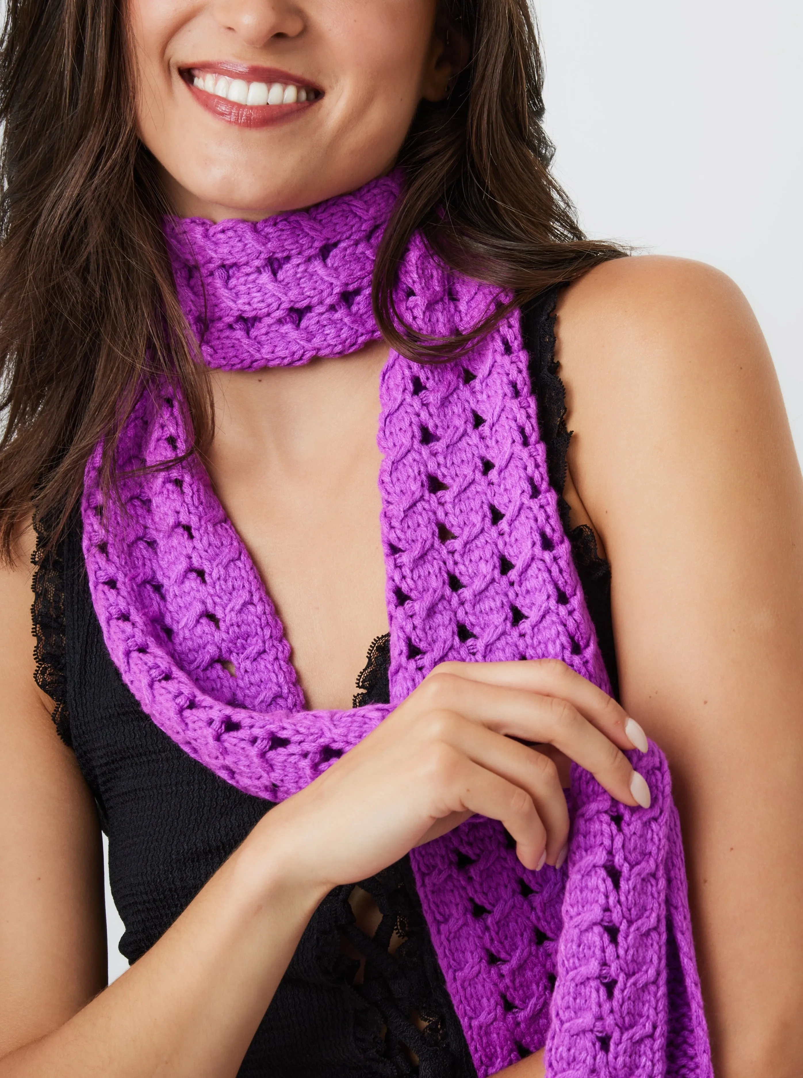Skinny Crochet Knit Scarf in Purple
