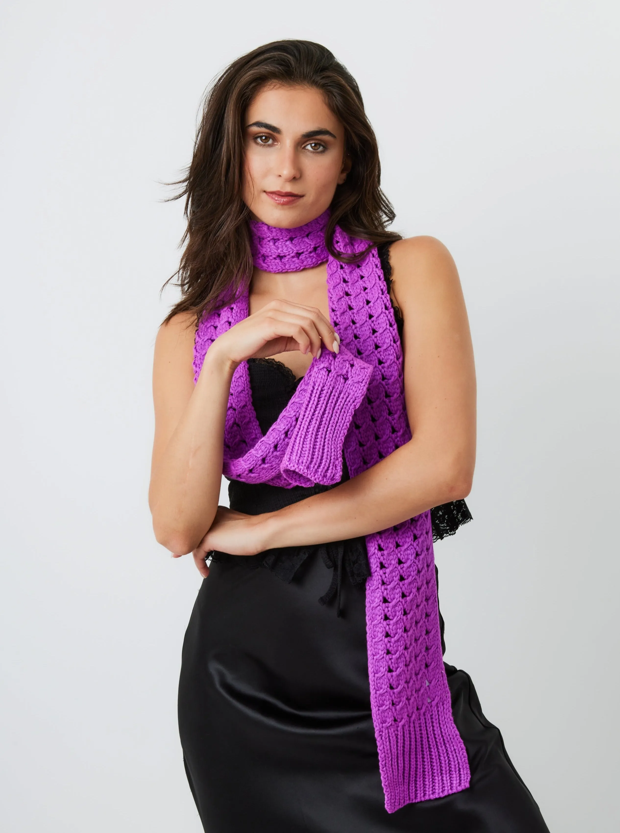Skinny Crochet Knit Scarf in Purple