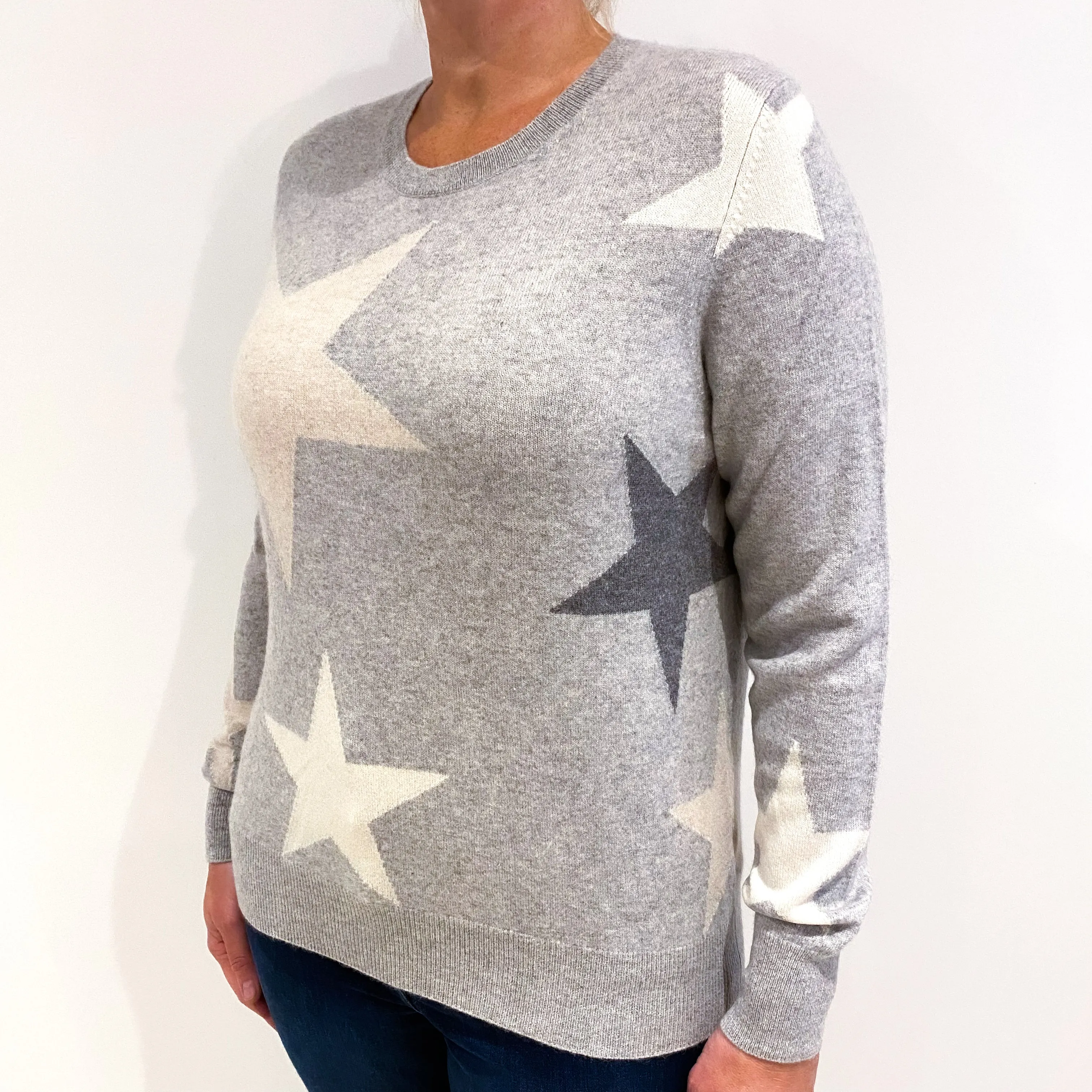 Smoke Grey Star Pattern Cashmere Crew Neck Jumper Large