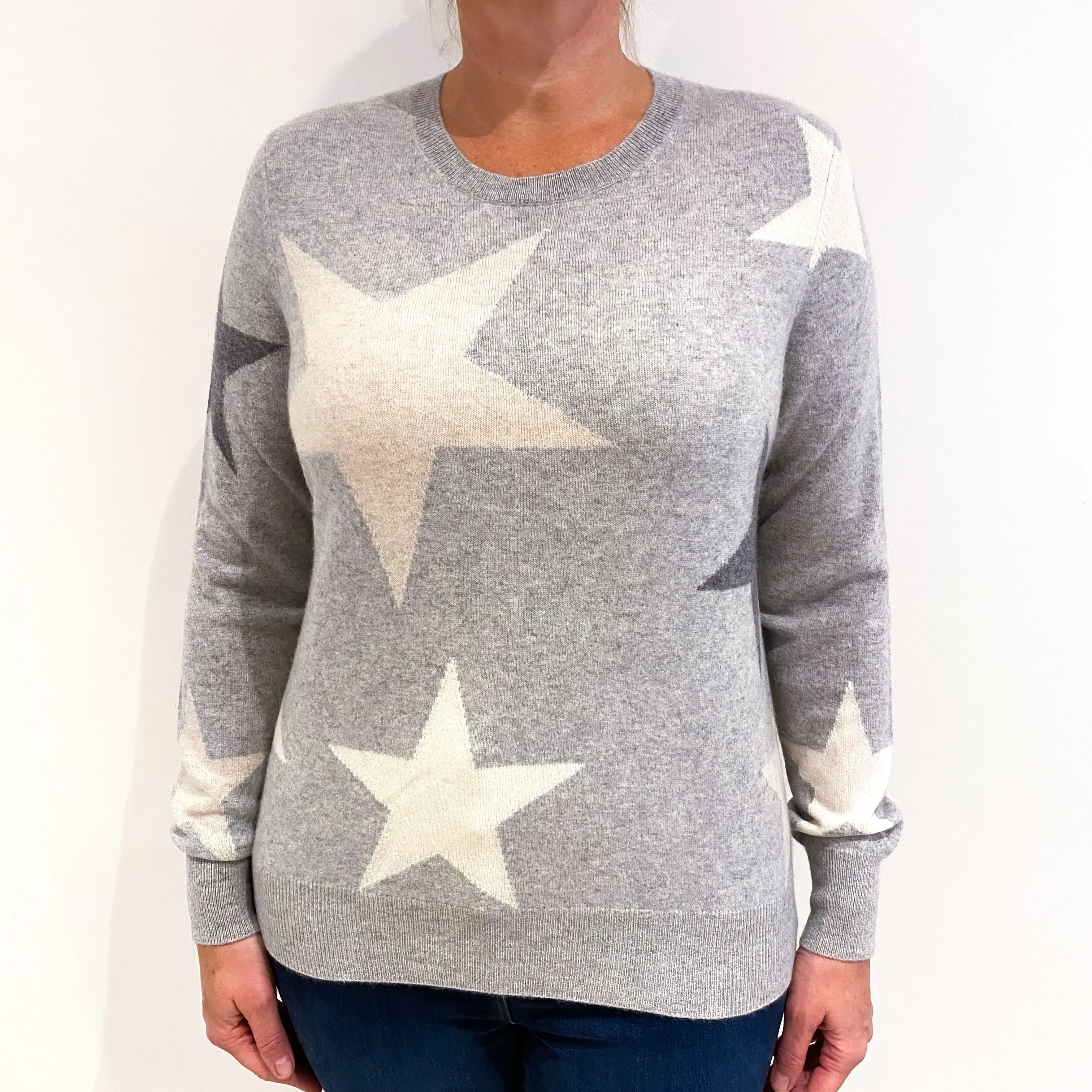 Smoke Grey Star Pattern Cashmere Crew Neck Jumper Large
