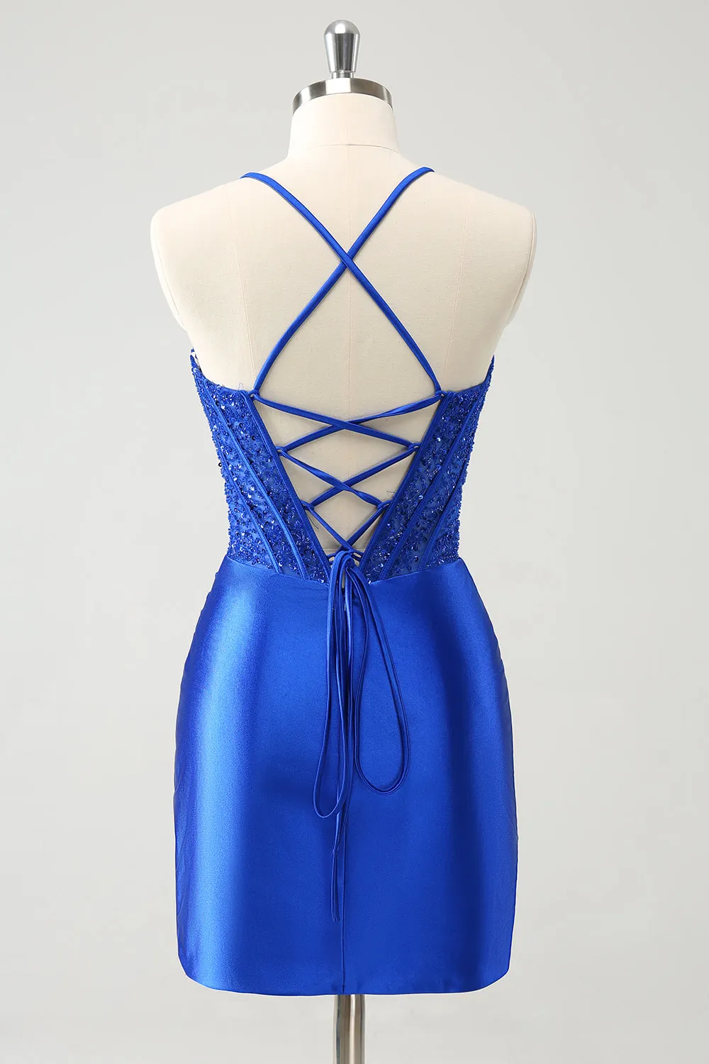 Sparkly Royal Blue Sequin Pleated Tight Corset Short Homecoming Dress