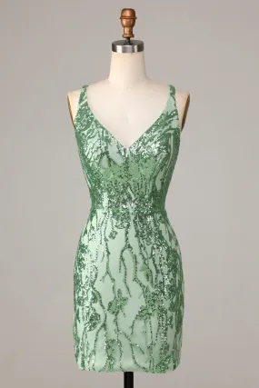 Sparkly Sheath V-Neck Green Sequins Backless Short Homecoming Dress