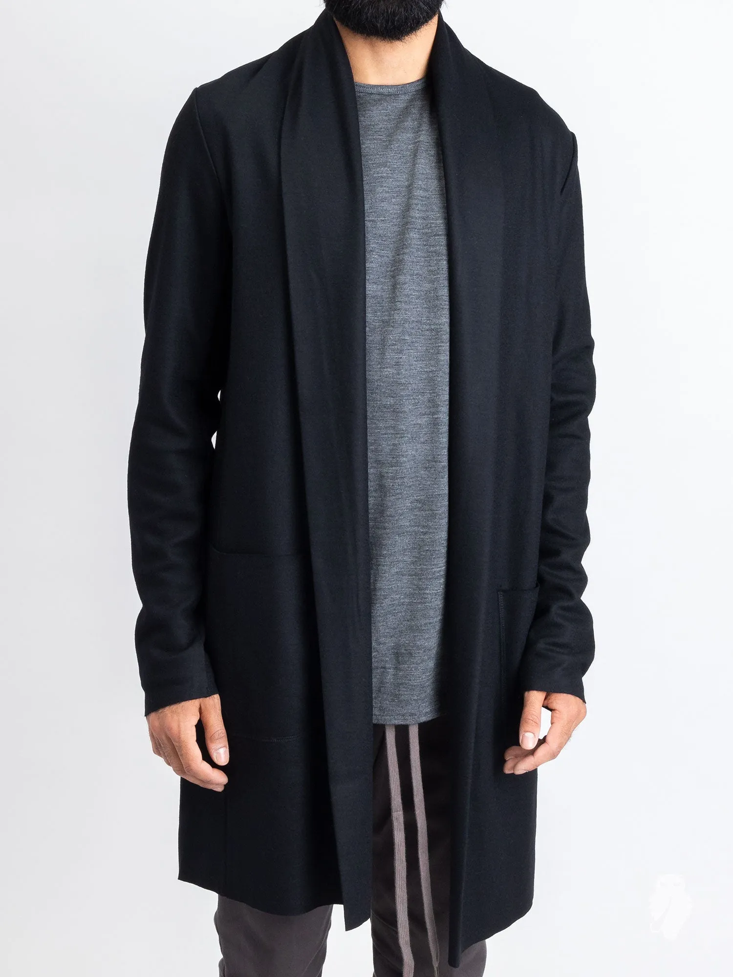 Stole Collar Long Cardigan in Black Wool