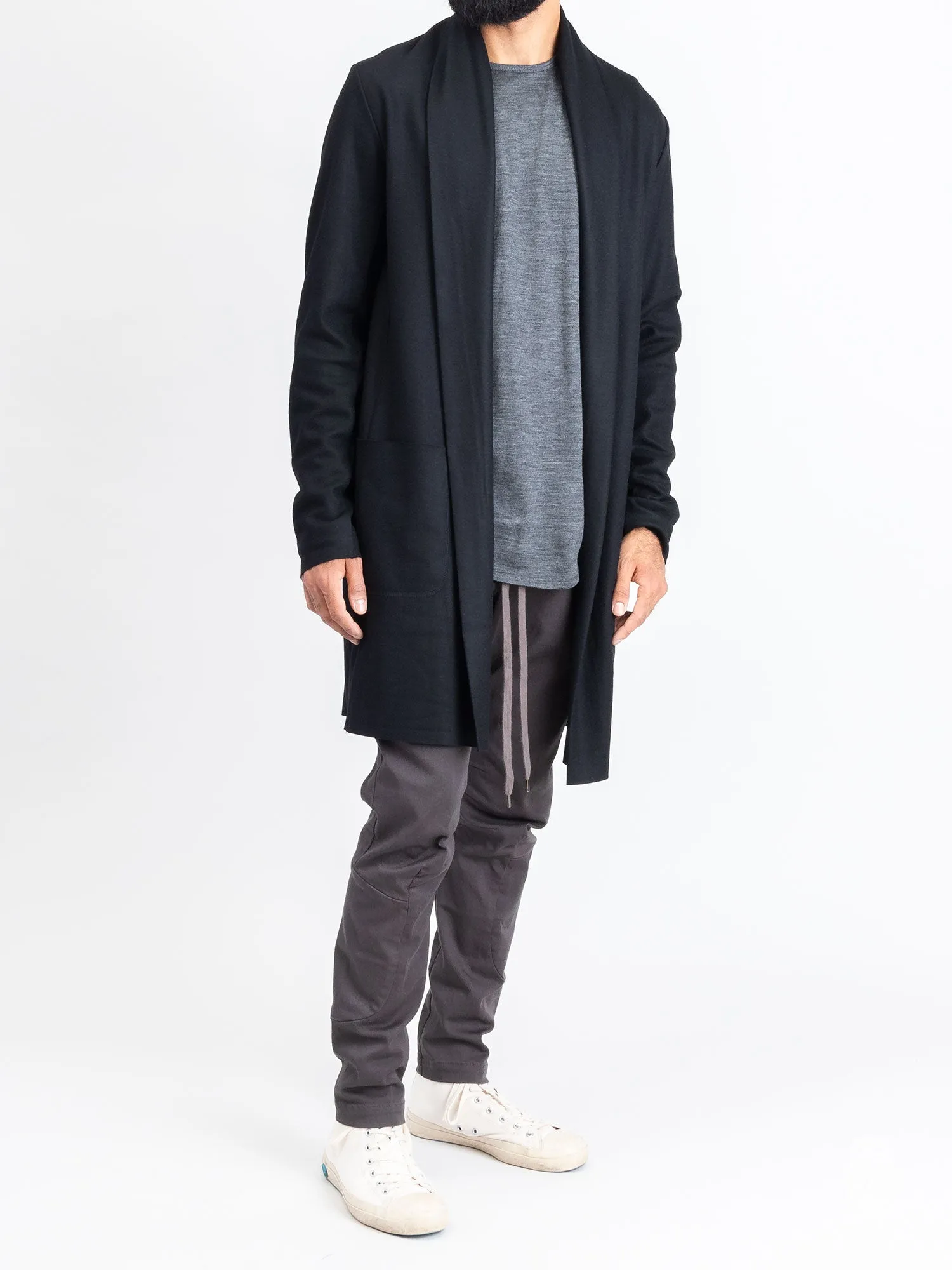Stole Collar Long Cardigan in Black Wool