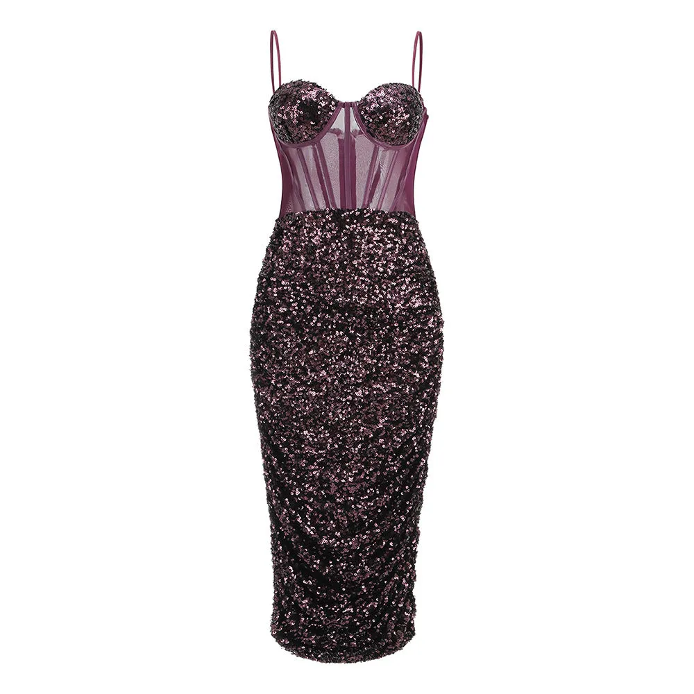 Strappy Sequin Corset Midi Dress