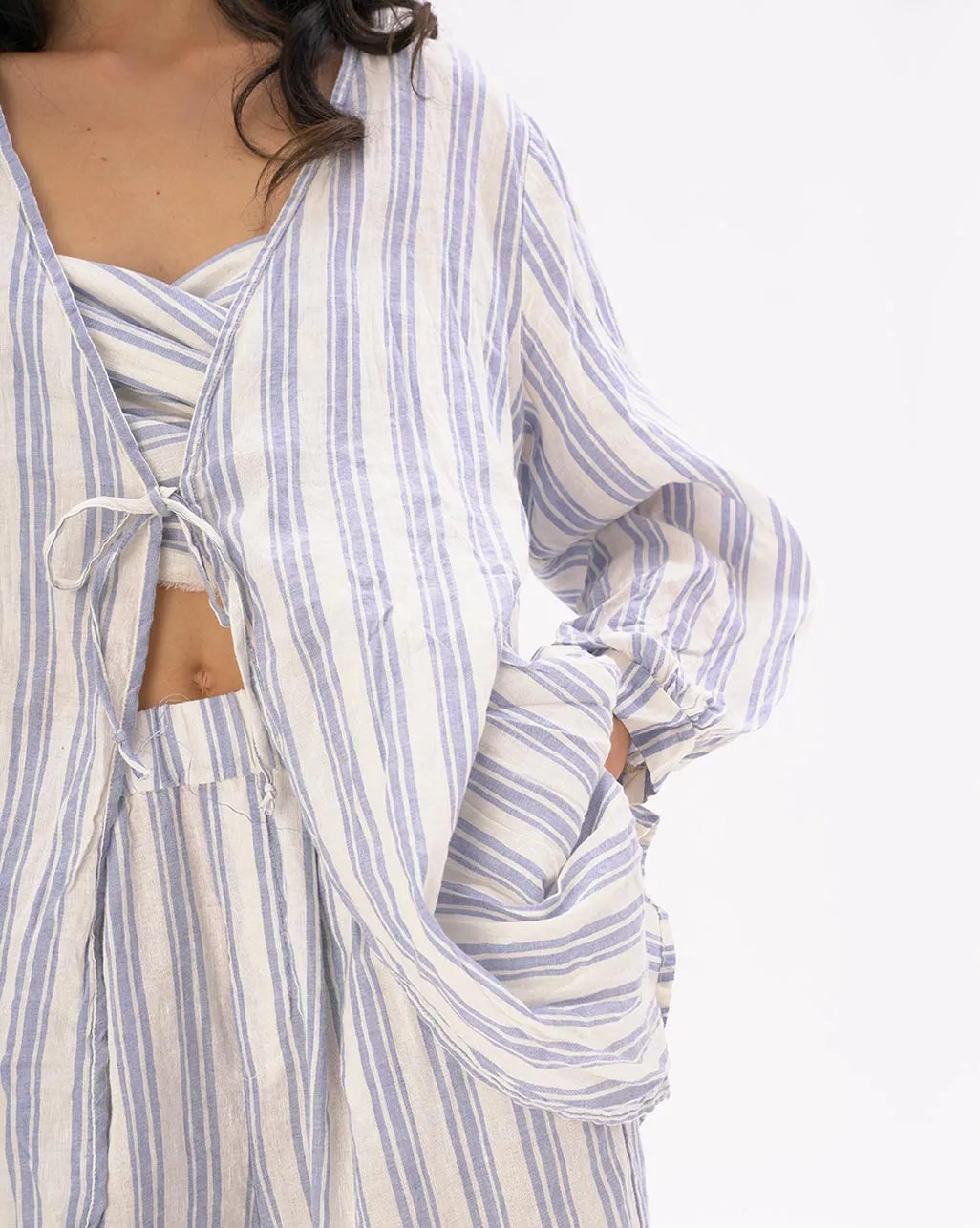 Striped Crinkled Cotton-Linen Kimono