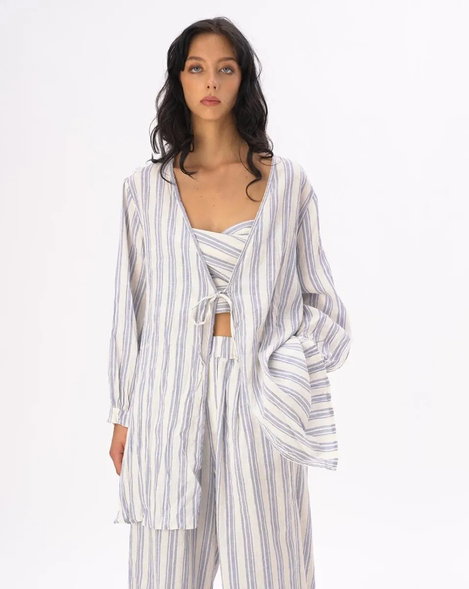Striped Crinkled Cotton-Linen Kimono
