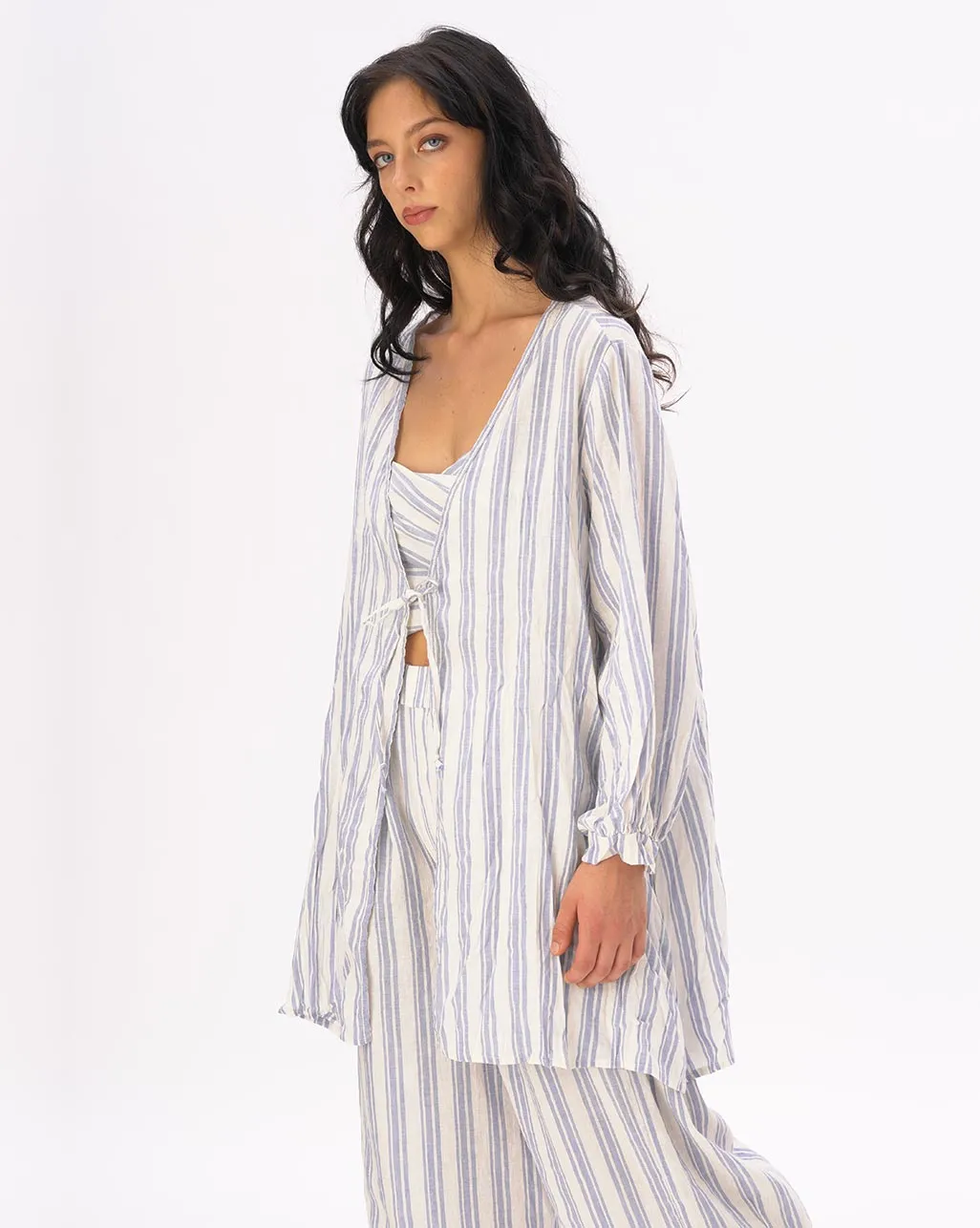 Striped Crinkled Cotton-Linen Kimono