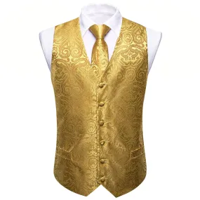 Ties2you Work Vest Medallion Yellow Paisley Silk Mens Dress Vest Tie Handkerchief Cufflinks Set