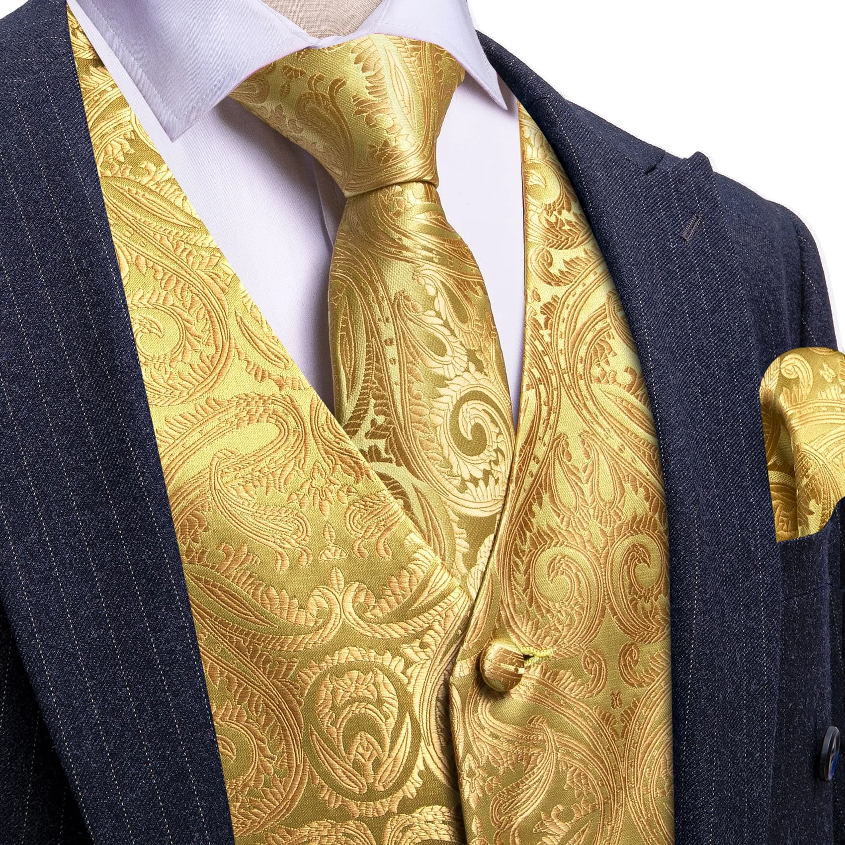 Ties2you Work Vest Medallion Yellow Paisley Silk Mens Dress Vest Tie Handkerchief Cufflinks Set