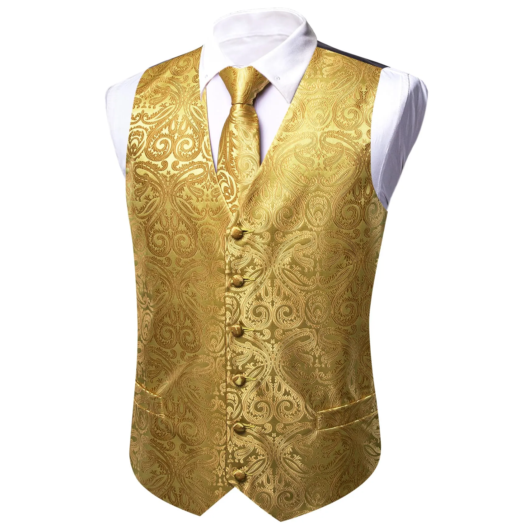 Ties2you Work Vest Medallion Yellow Paisley Silk Mens Dress Vest Tie Handkerchief Cufflinks Set