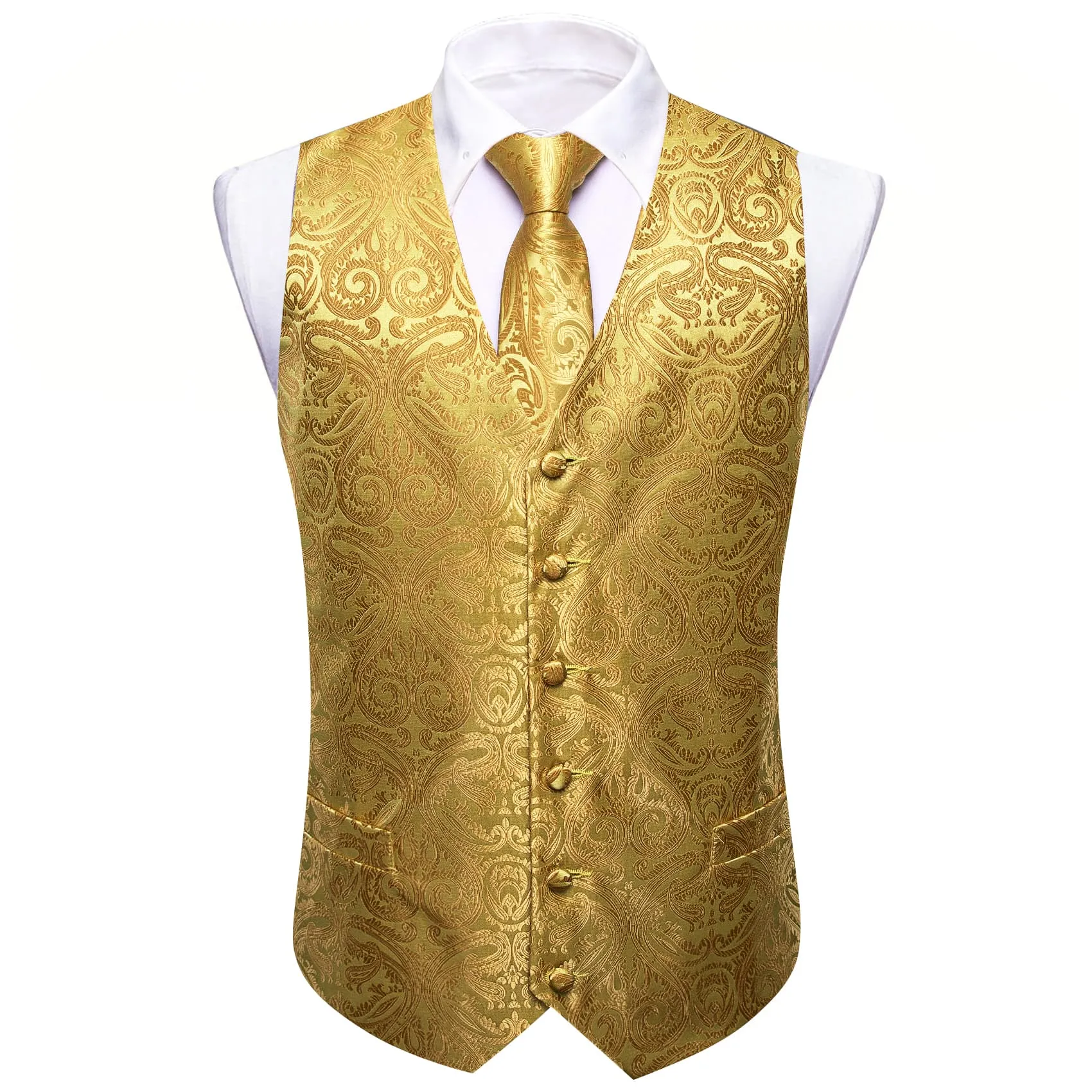 Ties2you Work Vest Medallion Yellow Paisley Silk Mens Dress Vest Tie Handkerchief Cufflinks Set