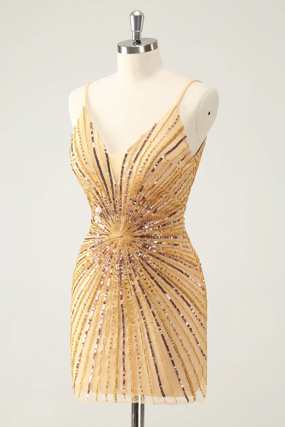 Unique Golden Tight Spaghetti Straps Backless Short Homecoming Dress with Sequins