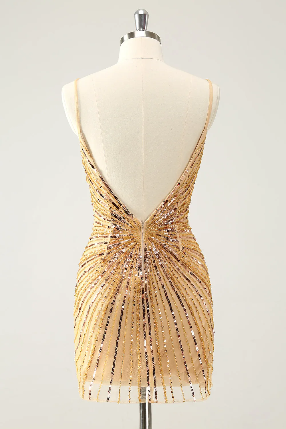 Unique Golden Tight Spaghetti Straps Backless Short Homecoming Dress with Sequins