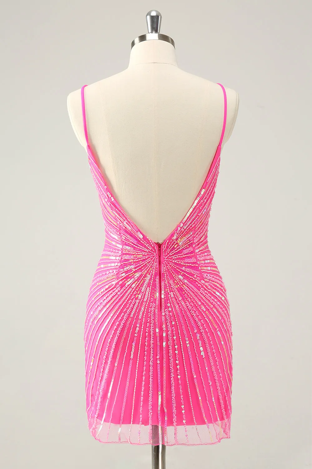 Unique Golden Tight Spaghetti Straps Backless Short Homecoming Dress with Sequins