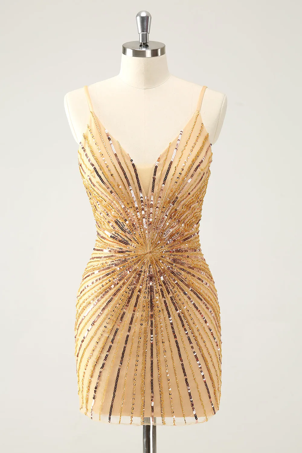 Unique Golden Tight Spaghetti Straps Backless Short Homecoming Dress with Sequins