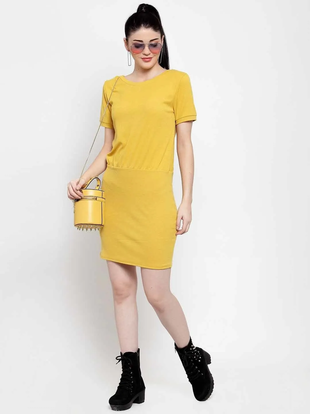 Women Yellow Hosiery Straight Fit Dress