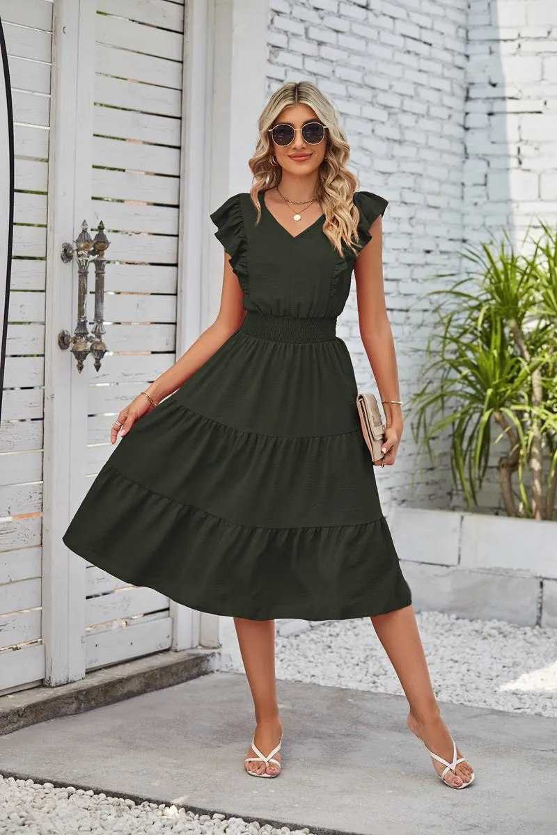 Women’s Ruffled Sleeveless V-Neck Midi Dress with Elastic Waist in 7 Colors S-XL