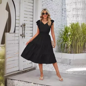 Women’s Ruffled Sleeveless V-Neck Midi Dress with Elastic Waist in 7 Colors S-XL