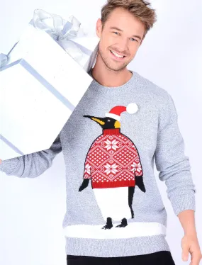 Xmas Penguin Novelty Christmas Jumper in Mid Grey / Optic White - Season’s Greetings